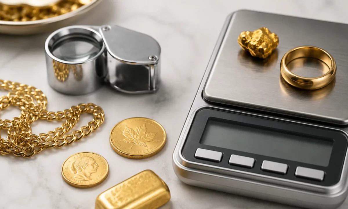 Goldschmuck Goldmünzen und Goldbarren zur Bewertung beim regionalen Goldankauf