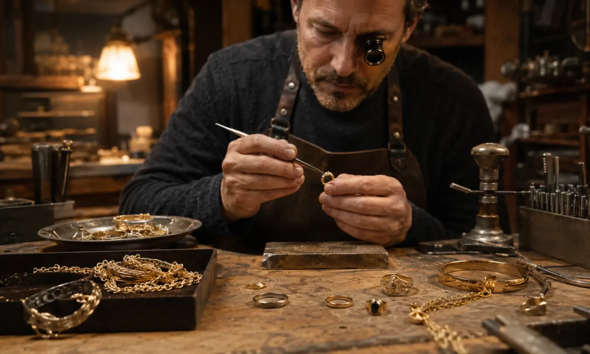 Juwelier prüft Goldring und Goldschmuck mit Lupe beim Goldankauf