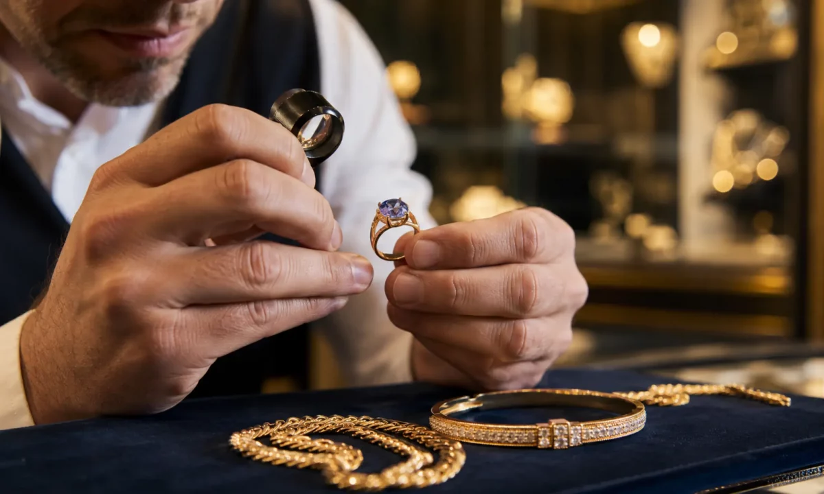 Goldschmied prüft alten Goldschmuck zur Umarbeitung oder zum Verkauf