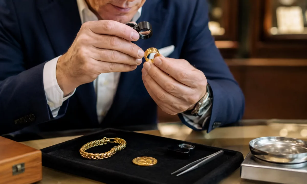 Goldpreis pro Gramm berechnen mit Goldschmuck Münzen Barren und Präzisionswaage