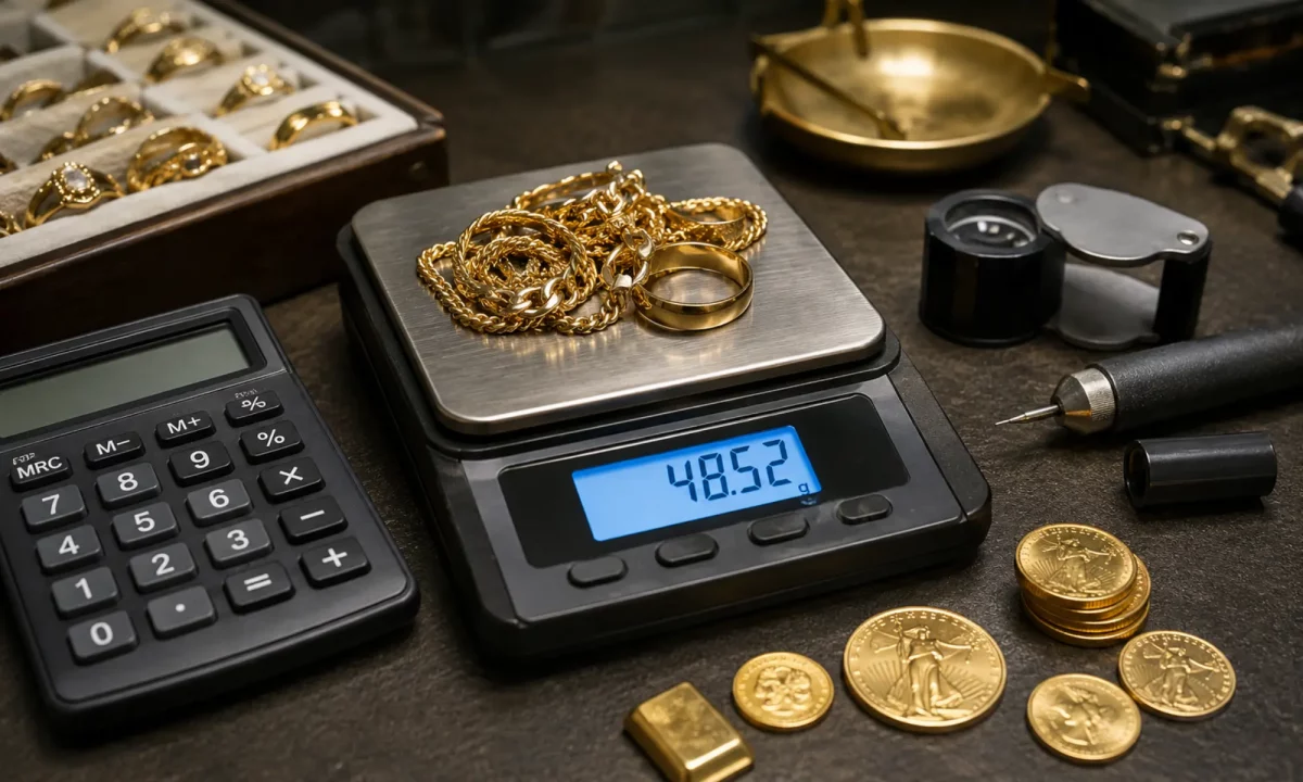 Goldschmuck und Goldmünzen auf Waage zur Berechnung des Goldwerts