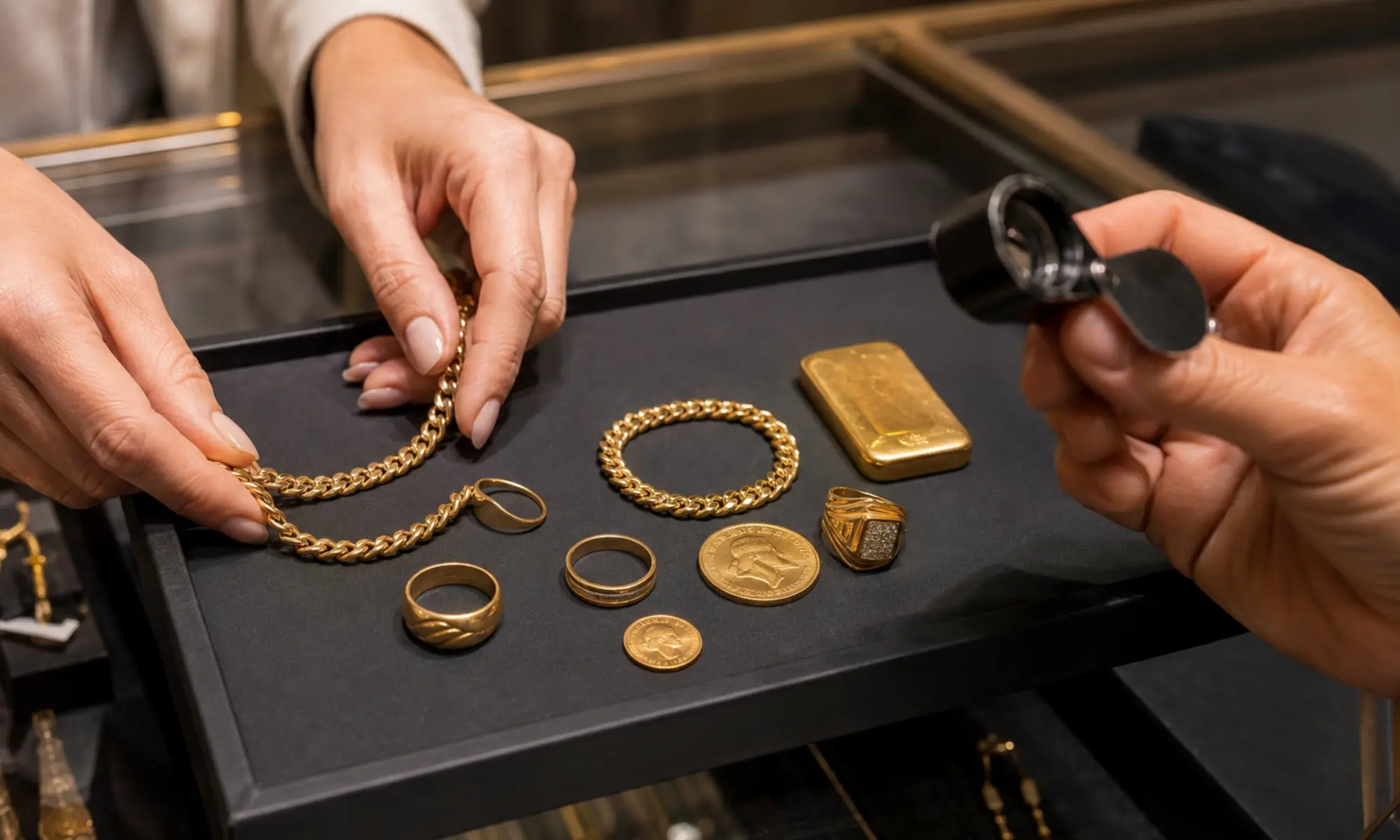 Goldschmuck Münzen und Goldbarren werden vor dem Verkauf sorgfältig geprüft