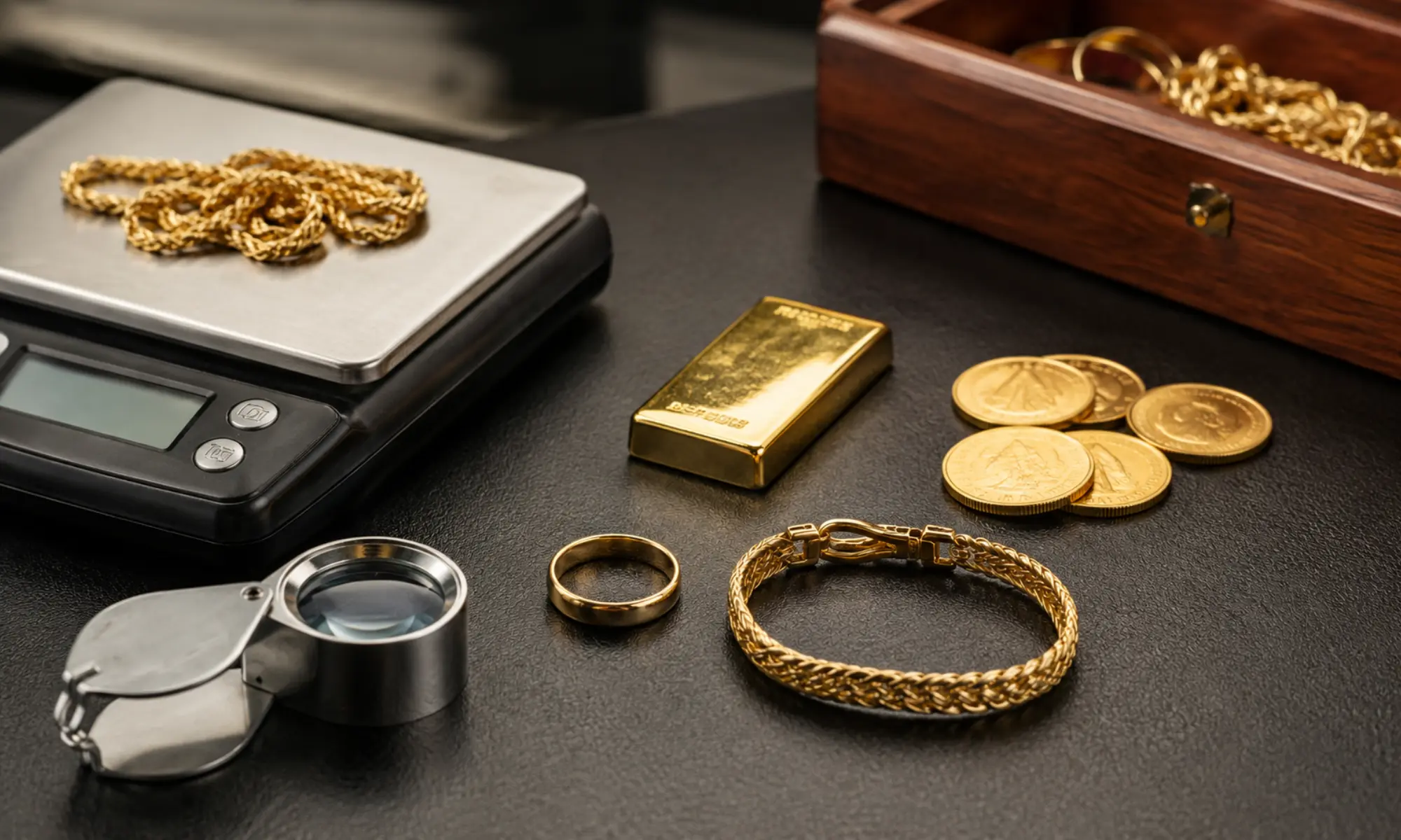 Goldring Goldkette Münzen und Goldbarren mit Waage und Lupe zur Bewertung