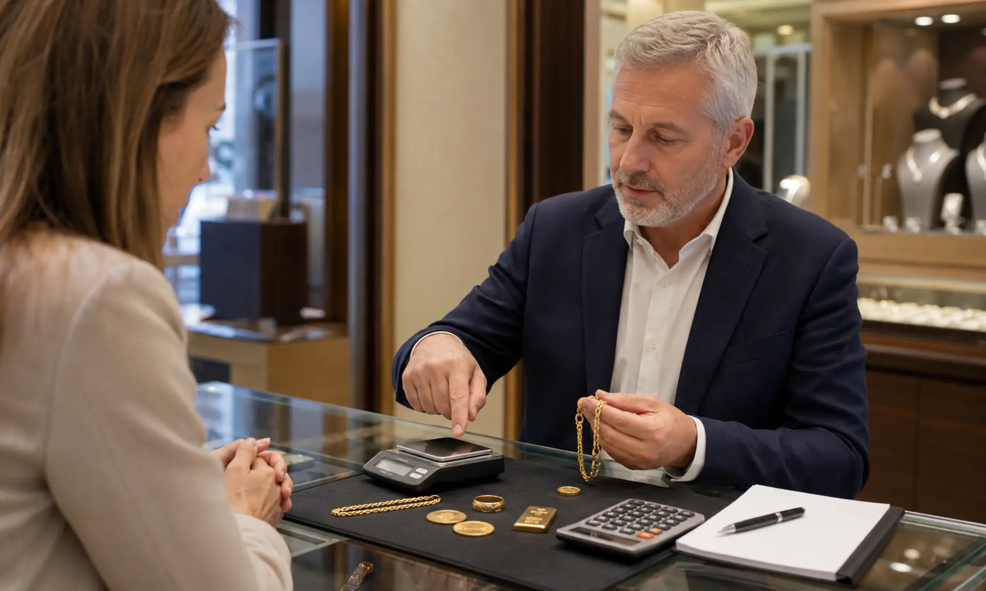 Juwelier erklärt Kundin die Berechnung beim Goldankauf mit Waage und Goldschmuck