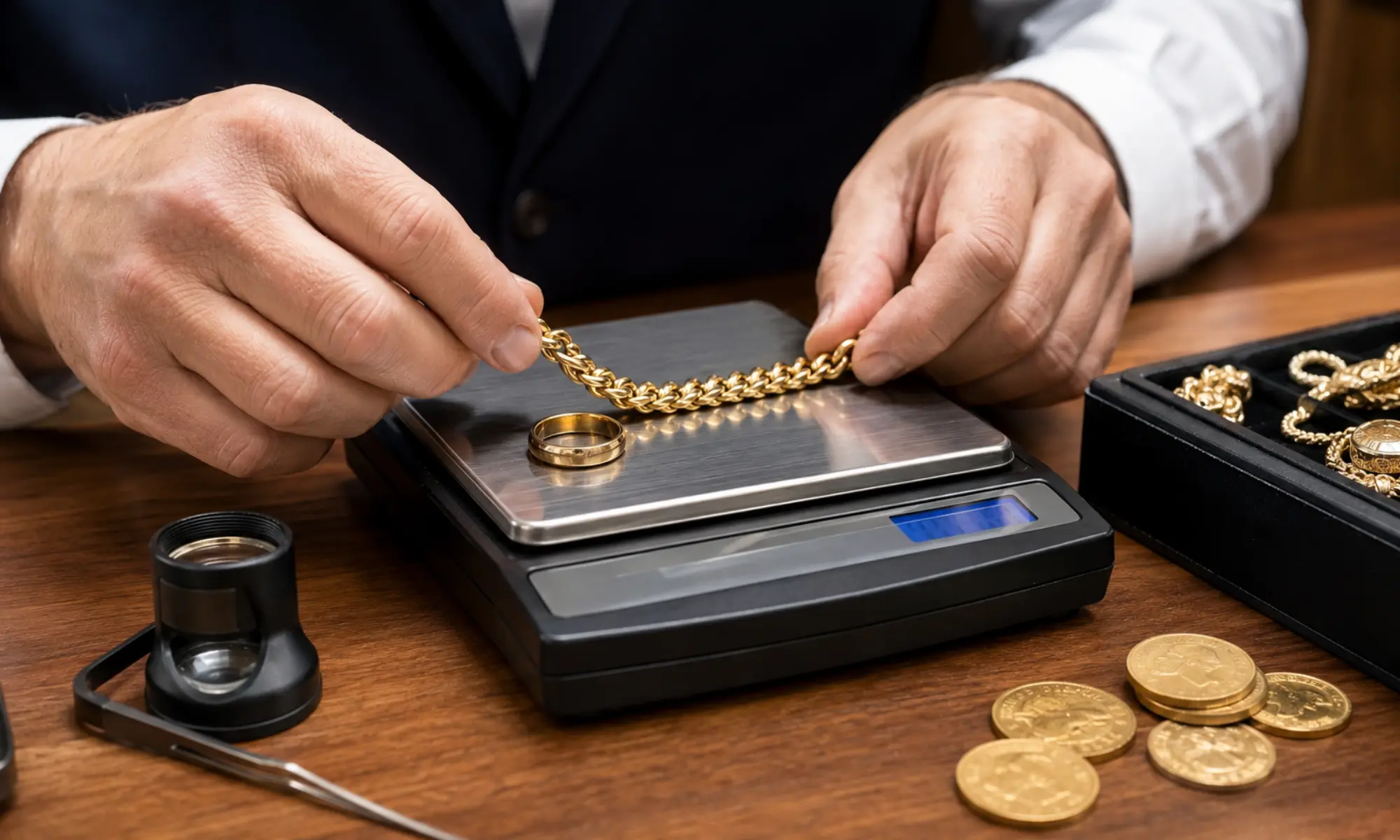 Goldkette und Goldring werden auf Präzisionswaage beim Goldankauf gewogen
