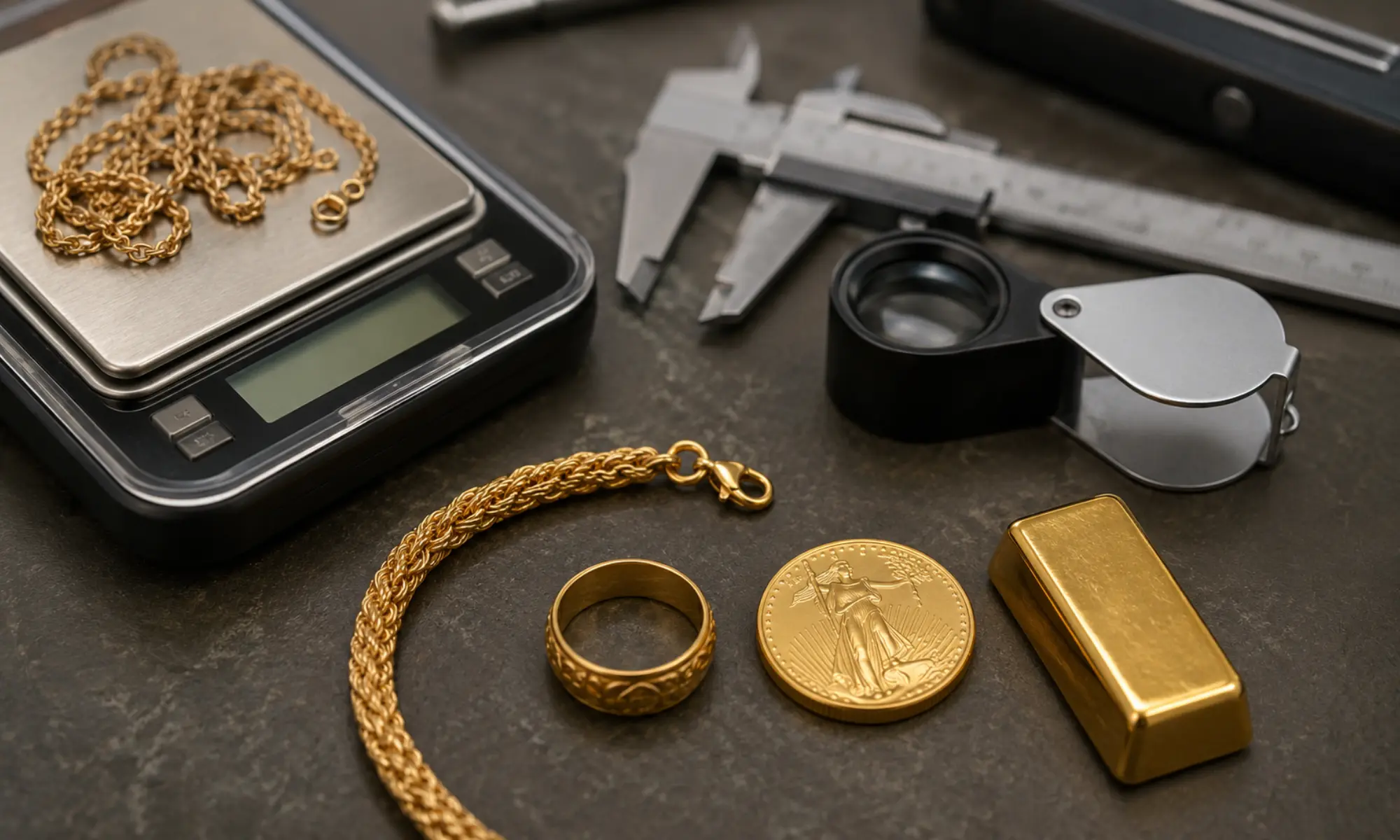 Goldschmuck Münze Goldbarren Waage Lupe und Messwerkzeug zur Goldbewertung