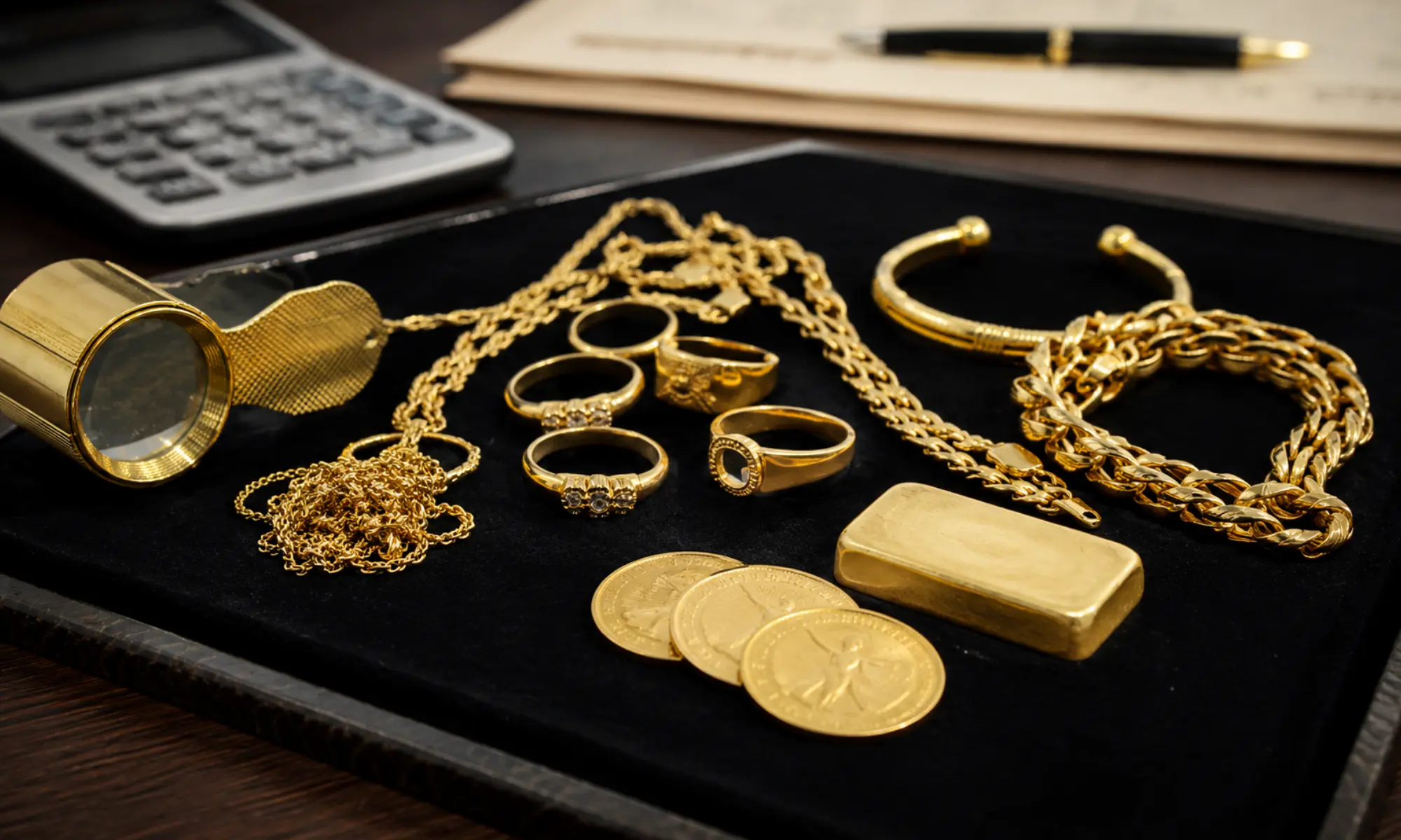 Goldschmuck Münzen und Goldbarren auf Samtunterlage zur sicheren Bewertung