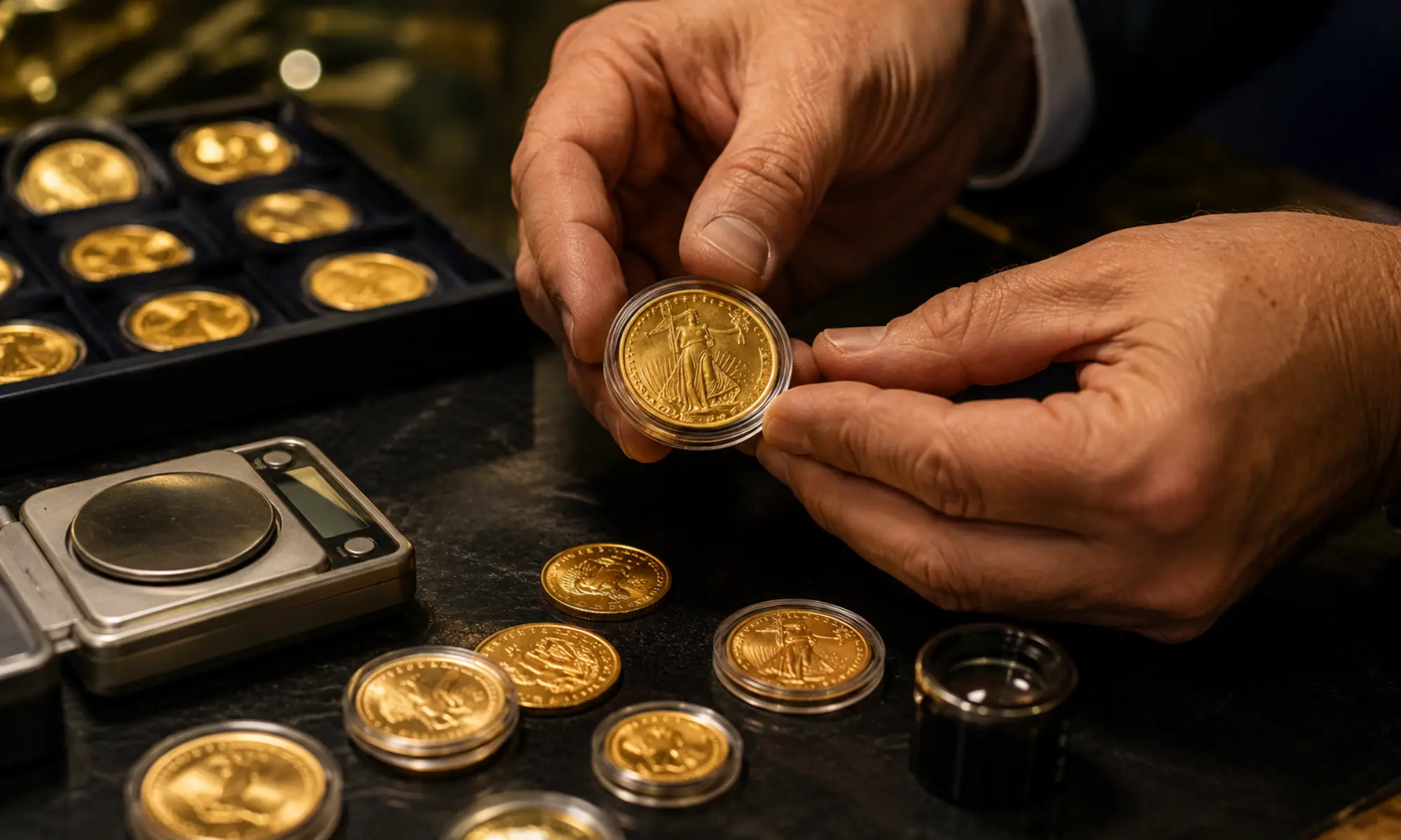 Goldmünzen werden mit Händen und Lupe sorgfältig auf Wert geprüft