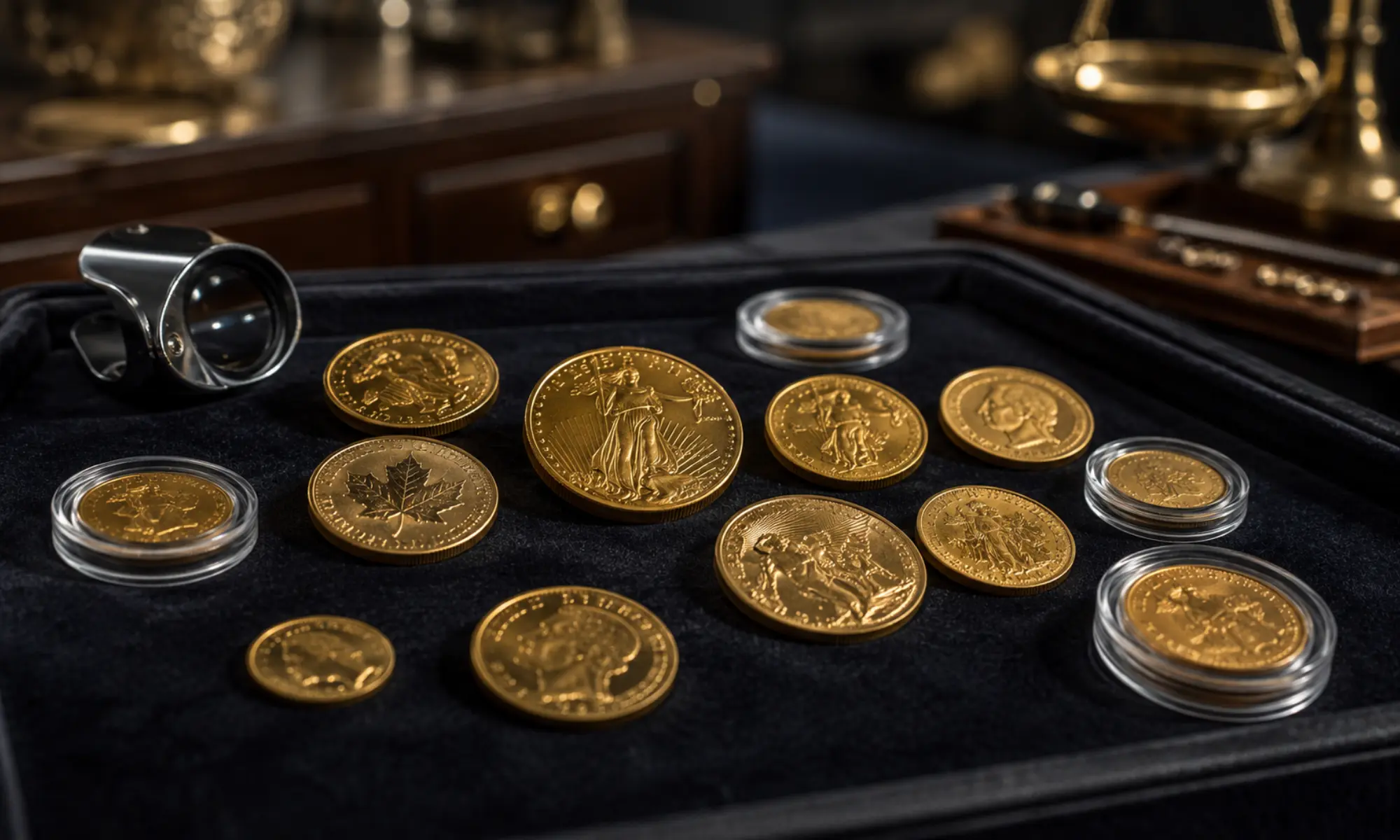 Goldmünzen in Kapseln auf Samtunterlage mit Lupe zur professionellen Bewertung