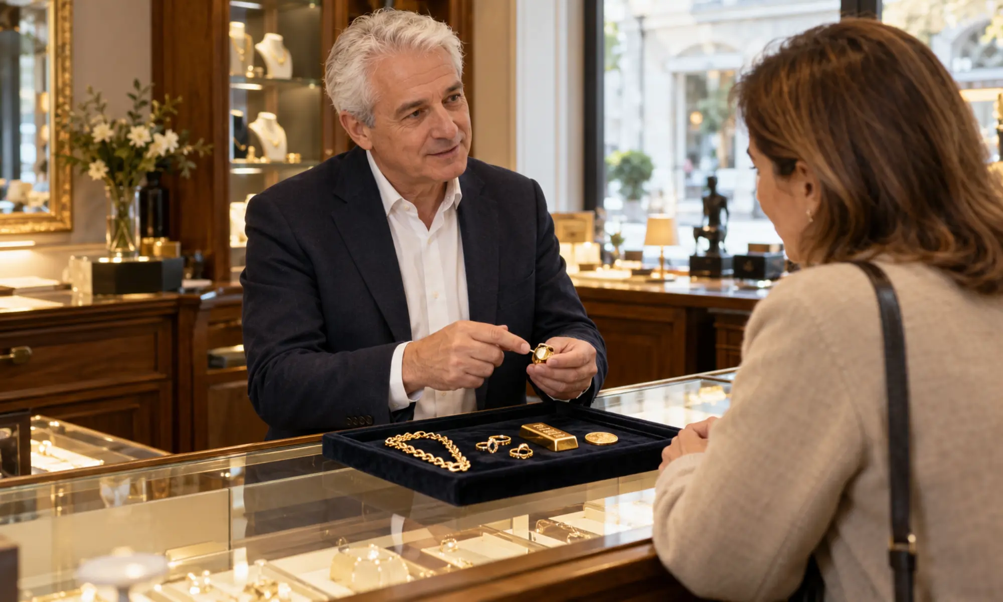 Juwelier berät Kundin persönlich zum sicheren Verkauf von Gold und Schmuck