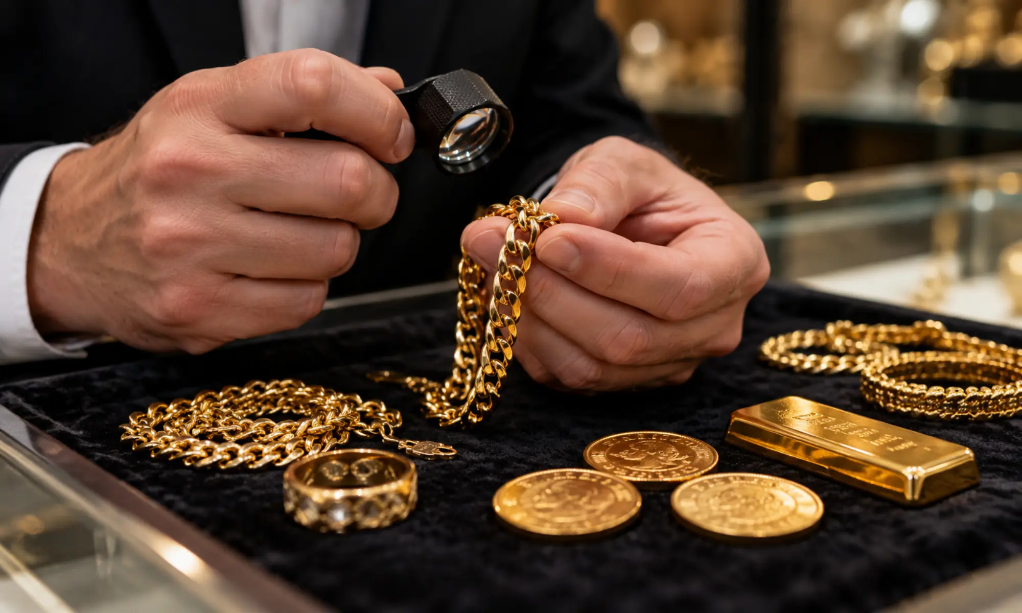 Goldschmuck Goldmünzen und Goldbarren werden mit Lupe professionell geprüft