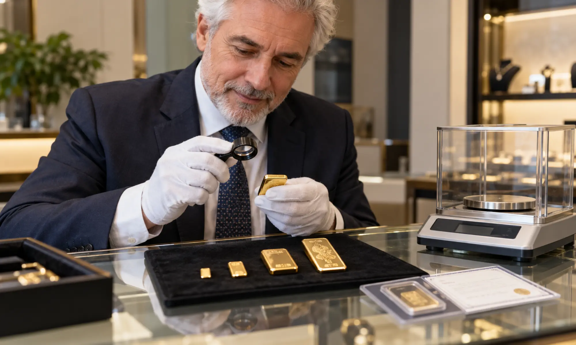 Goldbarren in verschiedenen Größen werden beim Juwelier professionell begutachtet