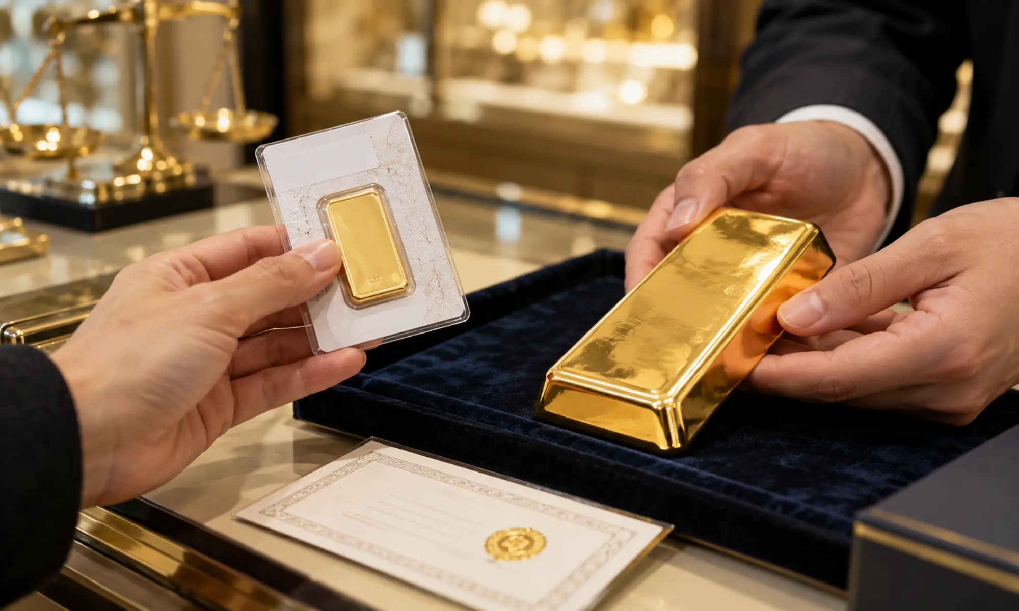Goldbarren mit Zertifikat und Verpackung werden vor dem Verkauf geprüft