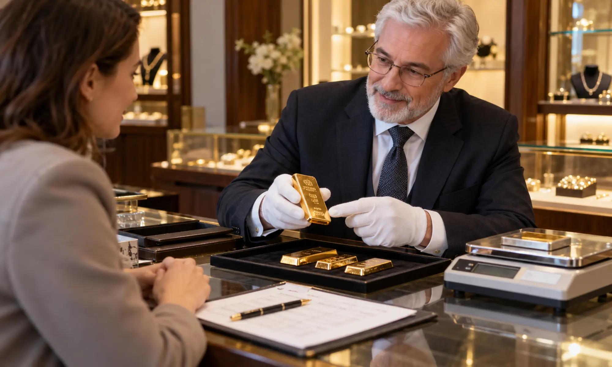 Juwelier erklärt Kundin die Bewertung von Goldbarren mit Waage und Quittung