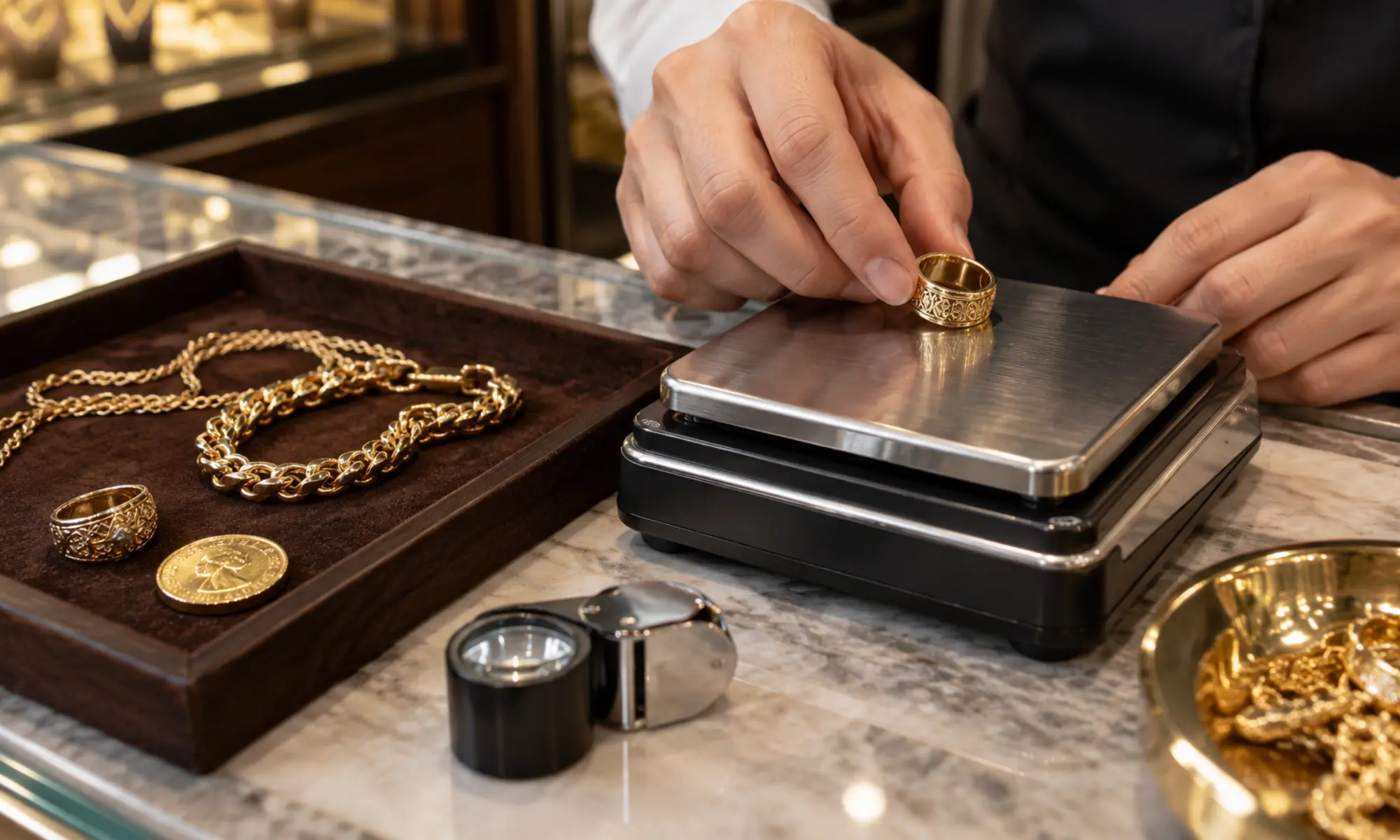Goldschmuck wird auf Präzisionswaage gewogen zur Berechnung des aktuellen Goldwerts
