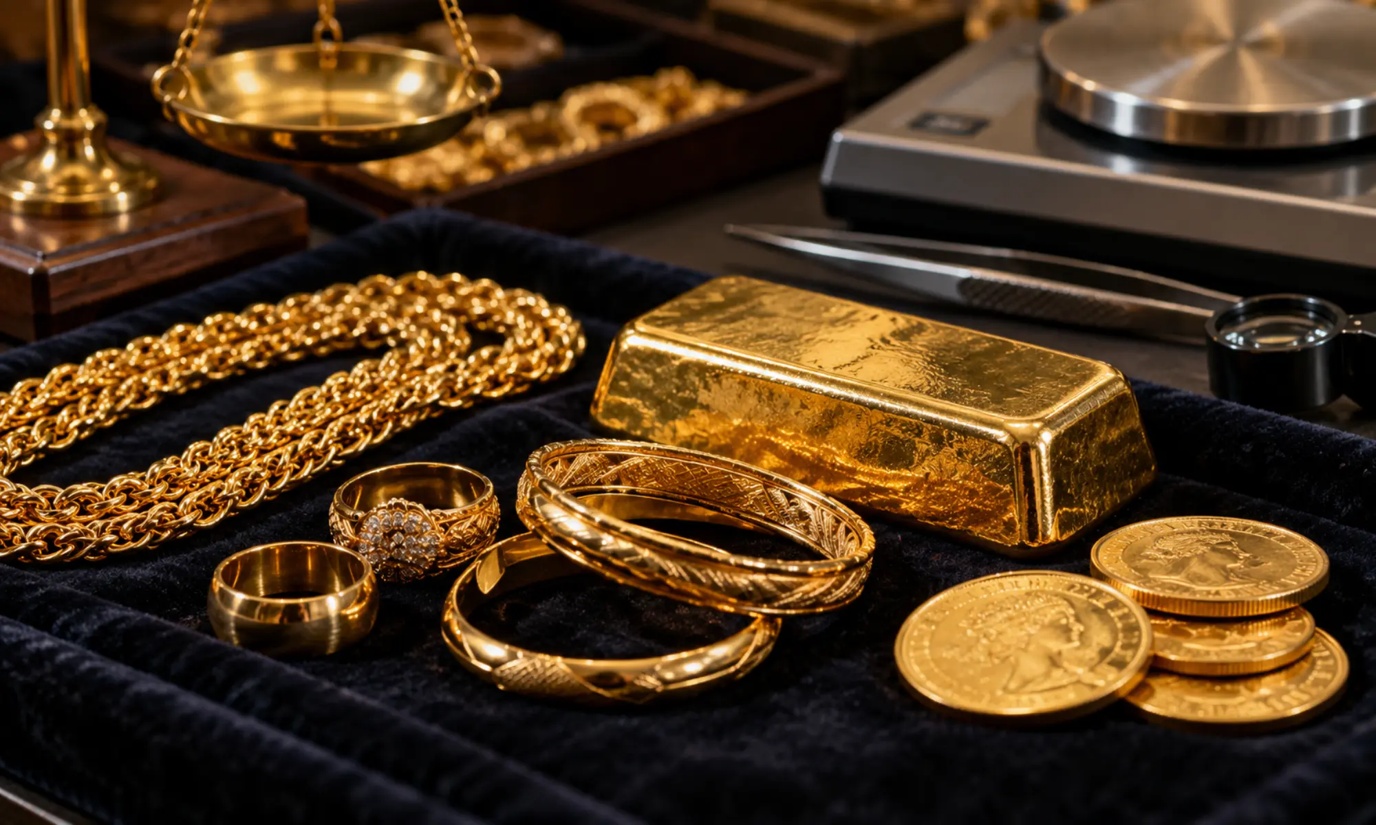 Goldschmuck Goldmünzen und Goldbarren auf Samtunterlage zur professionellen Bewertung