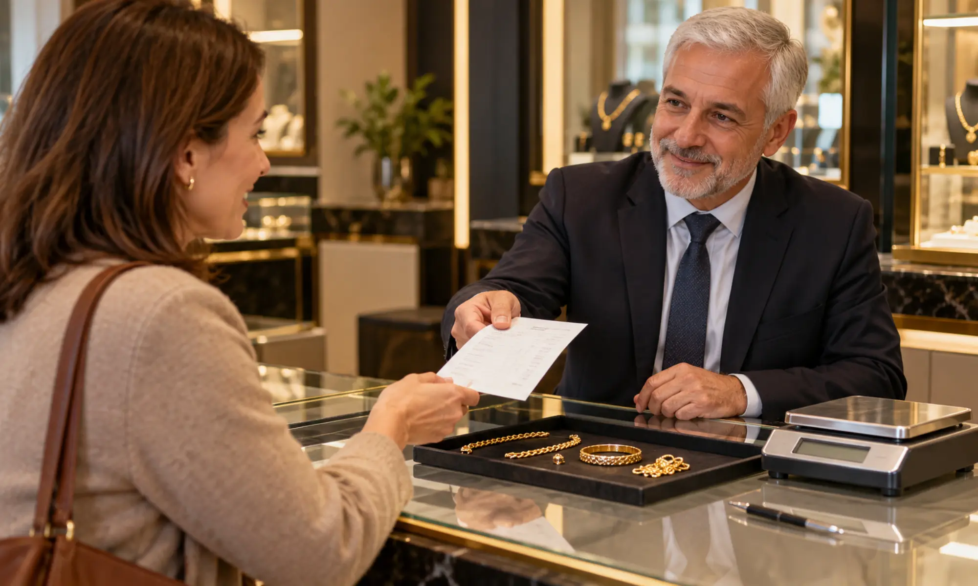 Juwelier übergibt Kundin Quittung nach transparenter Bewertung von Goldschmuck