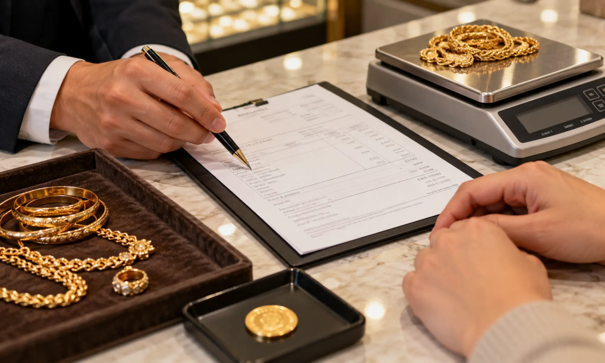 Goldankauf Quittung wird neben Schmuck Waage und Goldmünze sorgfältig ausgefüllt