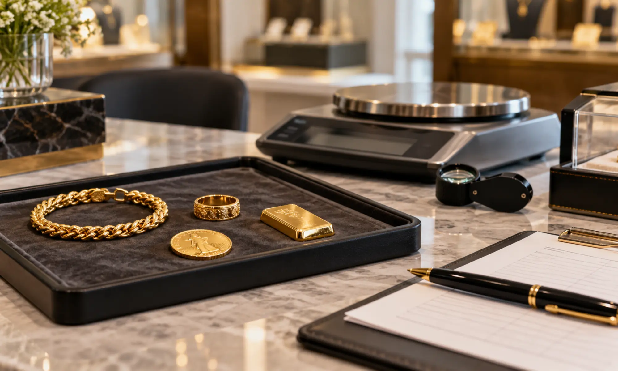 Goldschmuck Goldmünze und Goldbarren mit Quittung und Bewertungswerkzeug auf Tresen